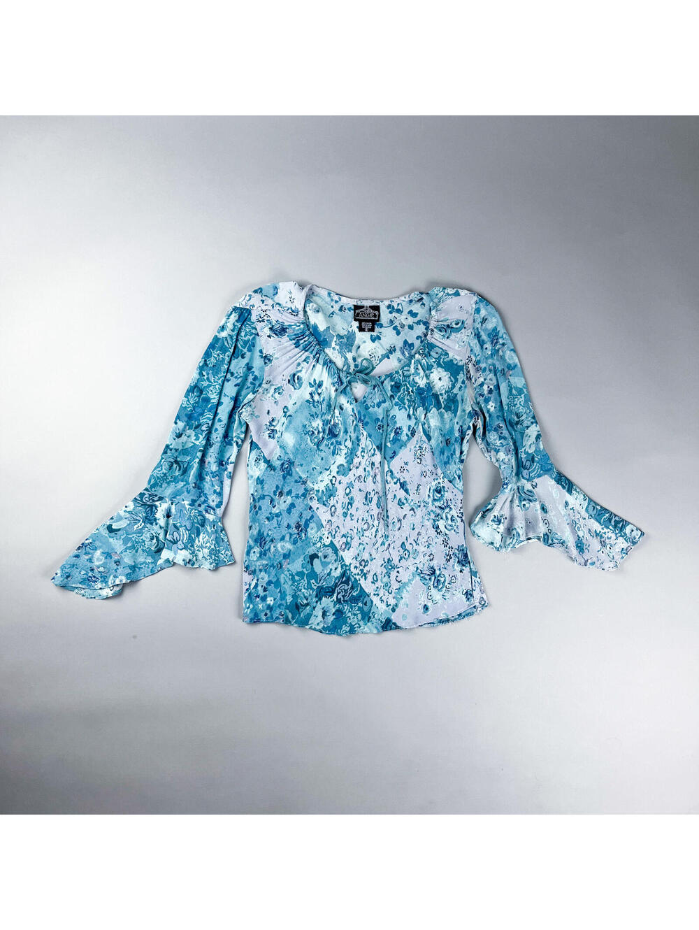 Y2K Silk Rayon Blue Floral Bell Sleeve Blouse